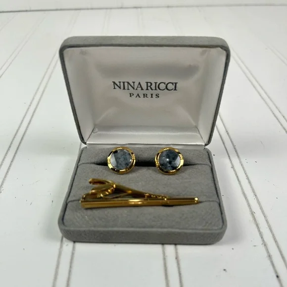 Nina Ricci Paris Gold and Blue Cufflinks with Tie Clip - Picture 2 of 5